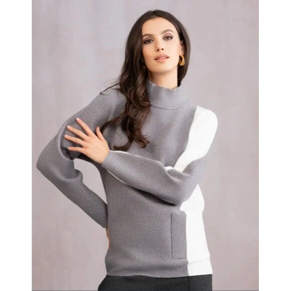 Alison Sheri Womens Colorblock Turtleneck Sweater S Gray & White Viscose Blend - Picture 1 of 15